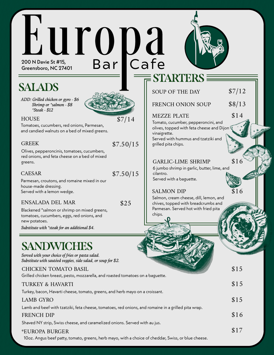 Redesigned Europa food menu, front