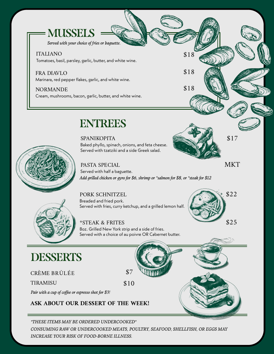 Redesigned food menu, back