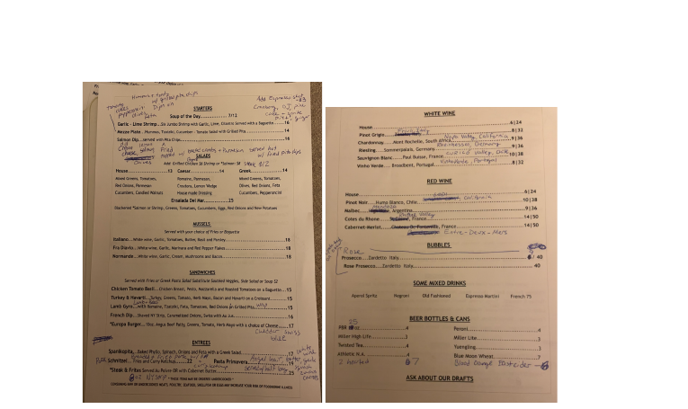 The marked-up final menu before the redesign